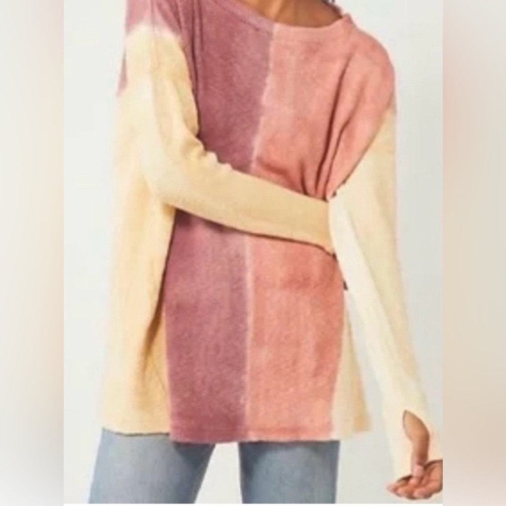 We The Free L/XL Long Sleeve Ribbed Knit Top in Pinks and Creams